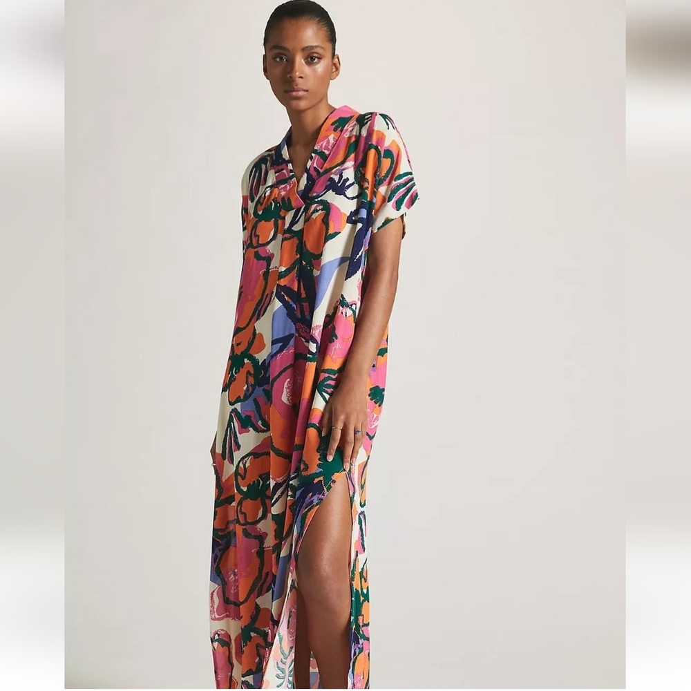 Bel Kazan Floral Kaftan Maxi Dress Pink Multi Long Sleeve Resort M/L
